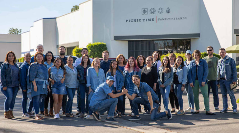Photo of the Picnic Time family in front of the Picnic Time offices